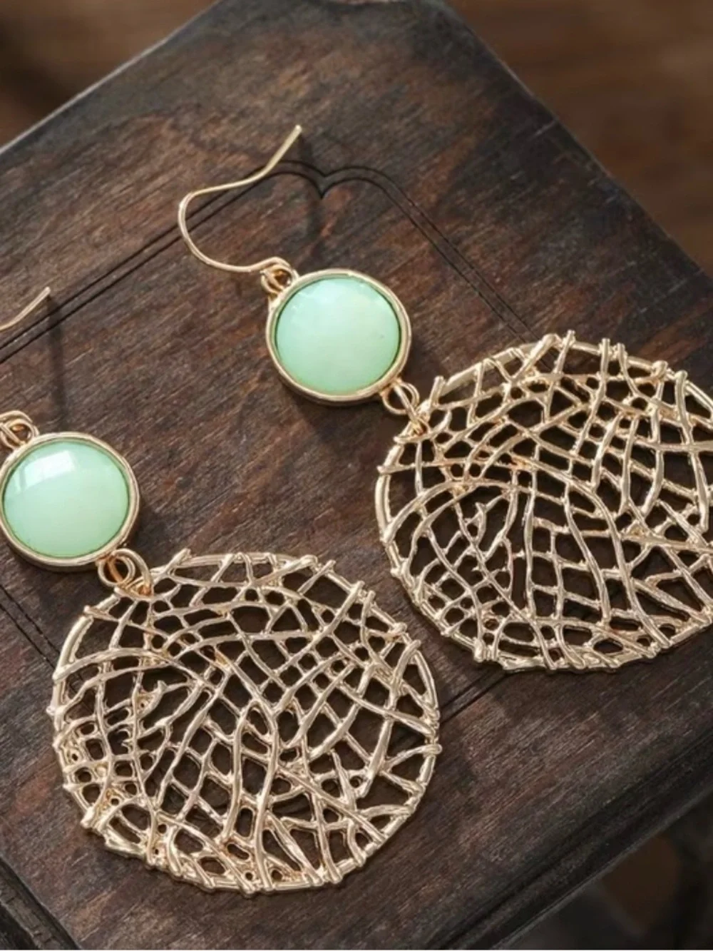 Gold Filigree Mesh Drop Earrings with Mint Green Cabochon